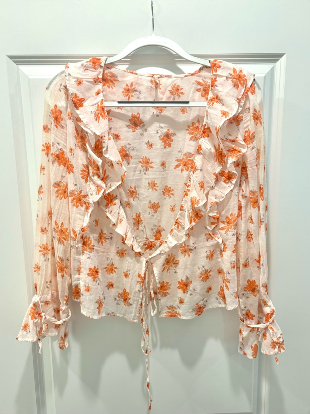 Free People Cream Blouse with Orange Floral Ruffles